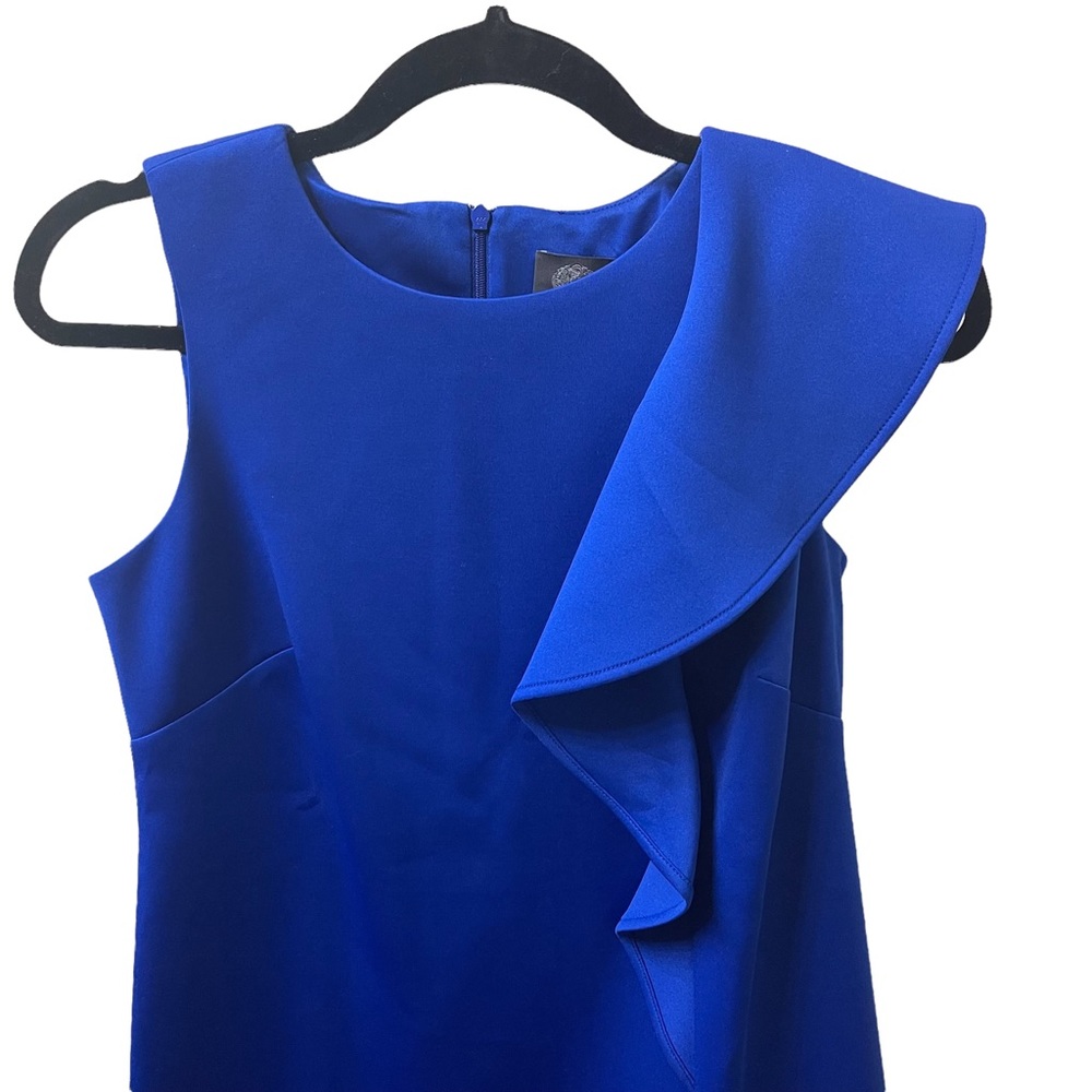 Vince Camuto Blue Sleeveless Ruffle Trim Scuba Sheath Dress - Picture 2 of 5